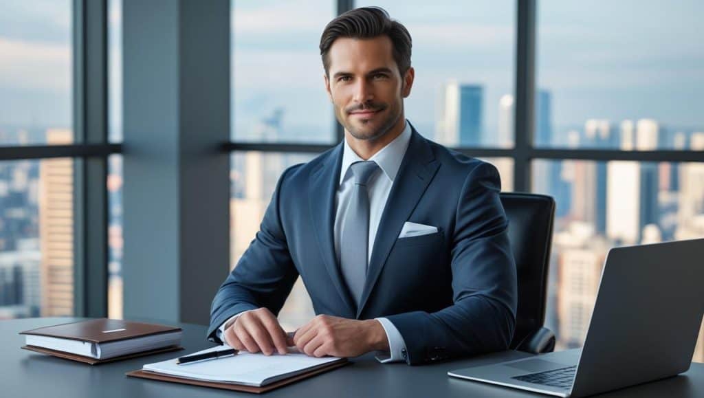 Professional lawyer in office working on property documents with city skyline in background, representing how much is a real estate attorney for closing.