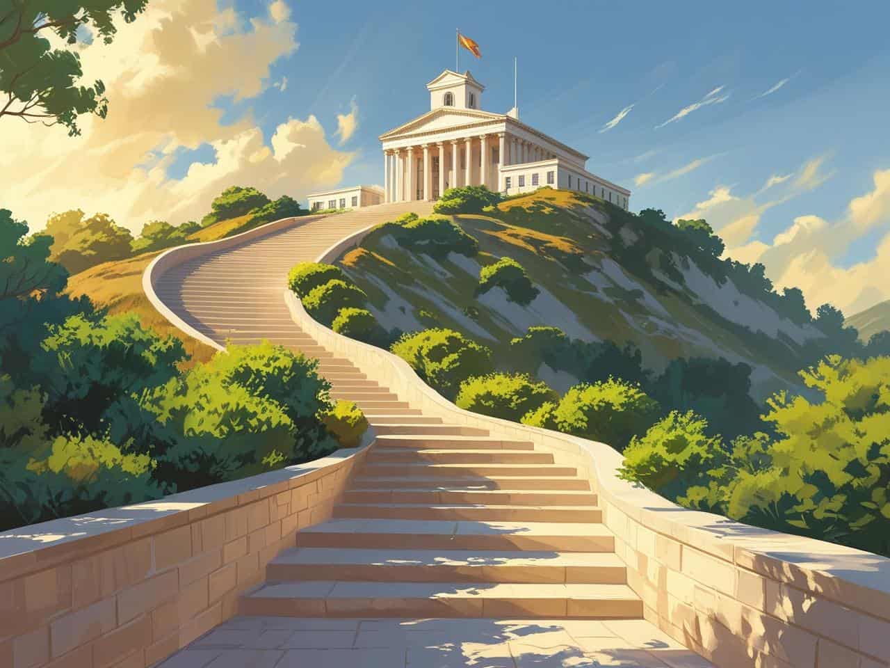 Majestic government-style courthouse atop a hill, symbolizing the journey of legal education and career growth—perfectly representing the path of how to become a real estate attorney.
