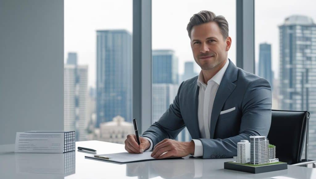 Business professional in a suit sitting at a desk with documents and a model building, symbolizing real estate law, illustrating how much is a real estate attorney for closing.