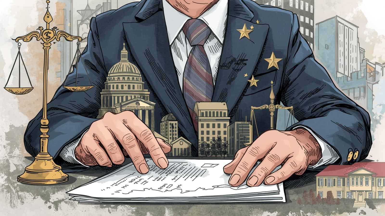 A professional real estate lawyer reviewing legal documents with scales of justice and courthouse illustrations in the background, symbolizing income and career growth in real estate law.