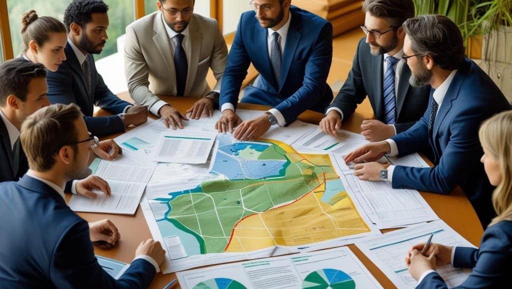 The Green Advocates: What Do Environmental Lawyers Do? 1 Group of environmental lawyers in suits reviewing land use maps and legal documents, illustrating what do environmental lawyers do in advising on environmental regulations and land development.