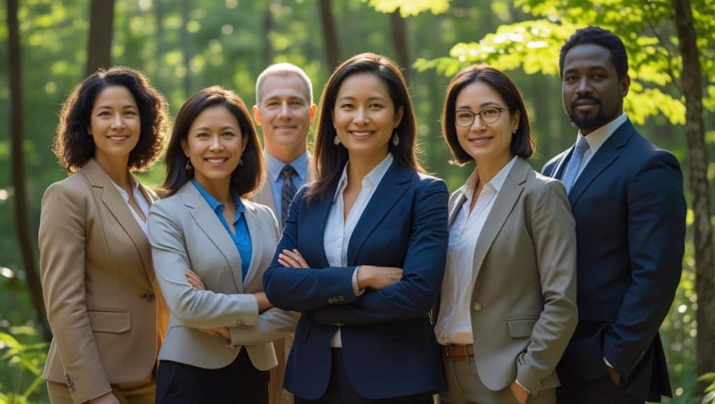 The Green Advocates: What Do Environmental Lawyers Do? 2 Group of environmental lawyers in professional suits standing outdoors in a forest, representing what do environmental lawyers do to protect nature and enforce laws.