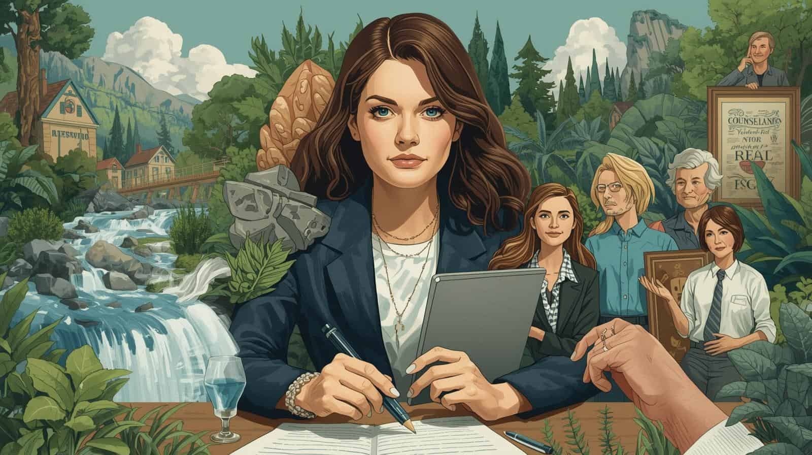 A confident attorney surrounded by nature and legal symbols, representing environmental law and sustainability — how much do environmental lawyers make.