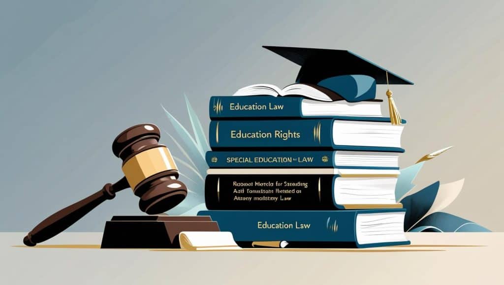 Stack of education law books with titles on education rights and special education law, a graduation cap on top, and a judge’s gavel beside the stack, symbolizing education law and student rights.