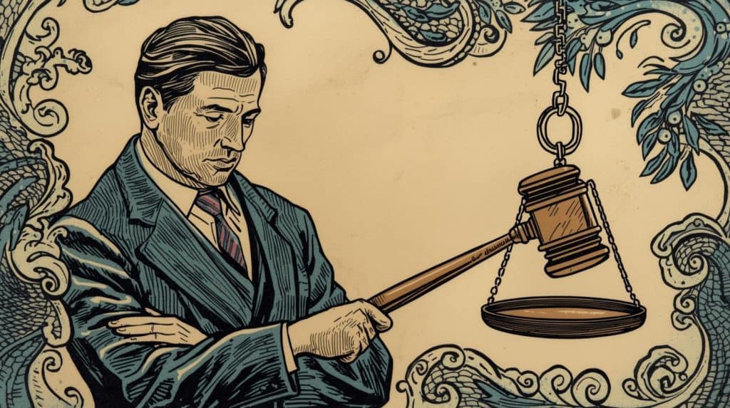 Divorce Immigration Lawyer: Expert Legal Guidance for Complex Cases (U.S. Law) 2 Illustrated lawyer in a suit holding a gavel balanced with scales of justice, symbolizing fairness in divorce and immigration cases. Artwork features intricate legal and cultural motifs in the background, representing the complex role of a divorce immigration lawyer.