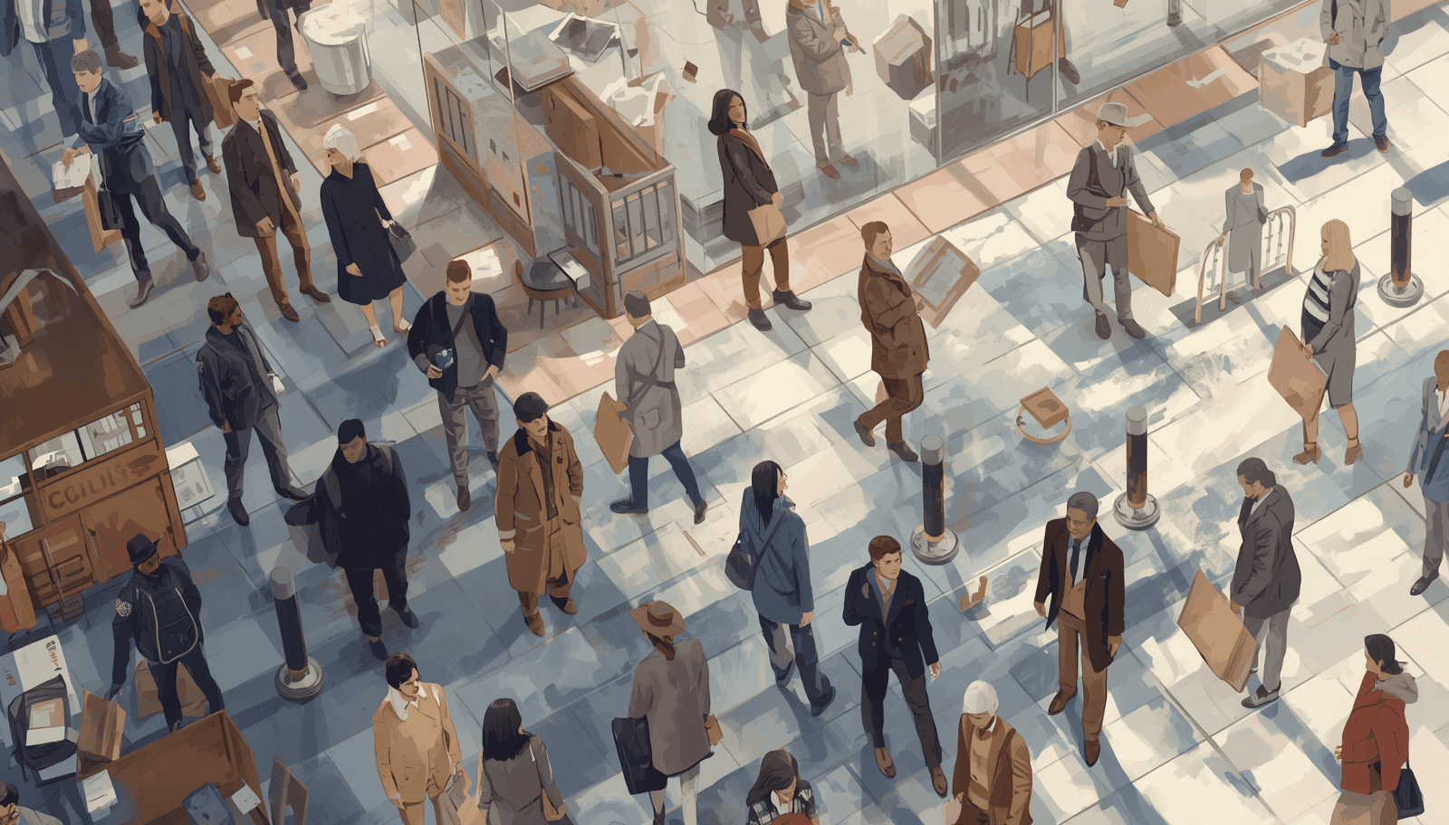 Overhead illustration of people walking through a busy public building with papers and boxes.