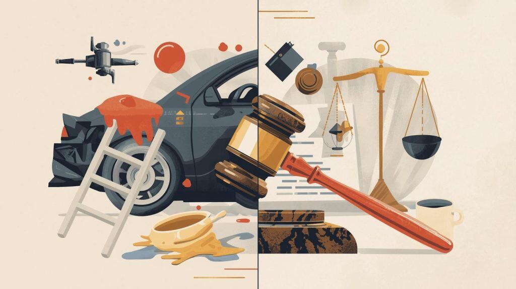 Illustration of personal injury examples including car accident, slip and fall, and ladder accident alongside legal symbols like a gavel and scales of justice.