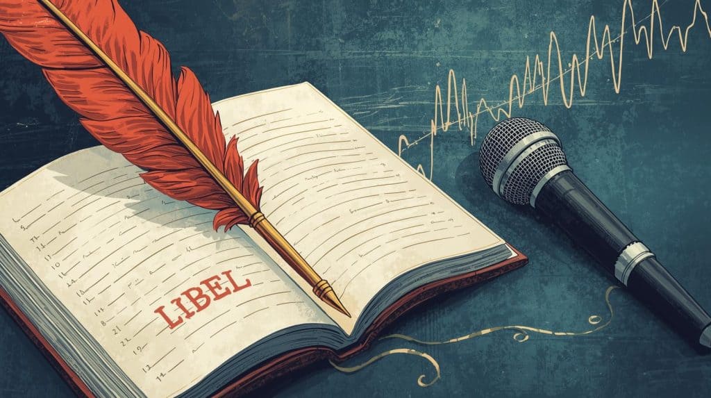 Illustration of defamation in personal injury law, showing a feather quill writing “LIBEL” in a book, with a microphone nearby representing slander, symbolizing spoken and written forms of defamation claims.