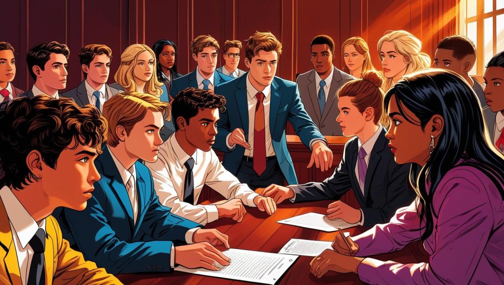 Diverse group of students in a mock trial setting, representing early legal training and the path to how many years of college to be a criminal lawyer.