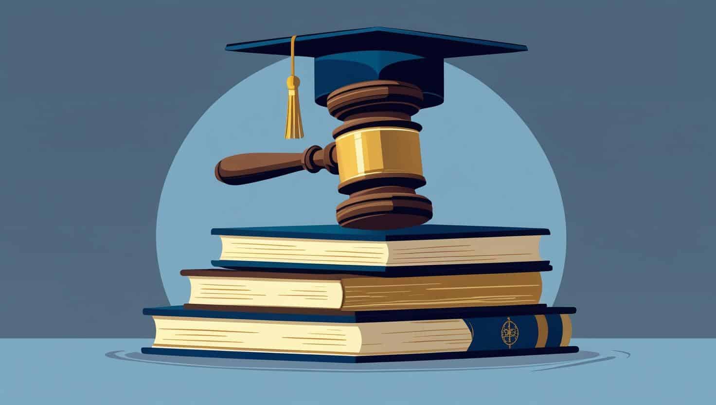 Stack of law books with a judge’s gavel and graduation cap on top, symbolizing the academic journey and how many years of college to be a criminal lawyer.