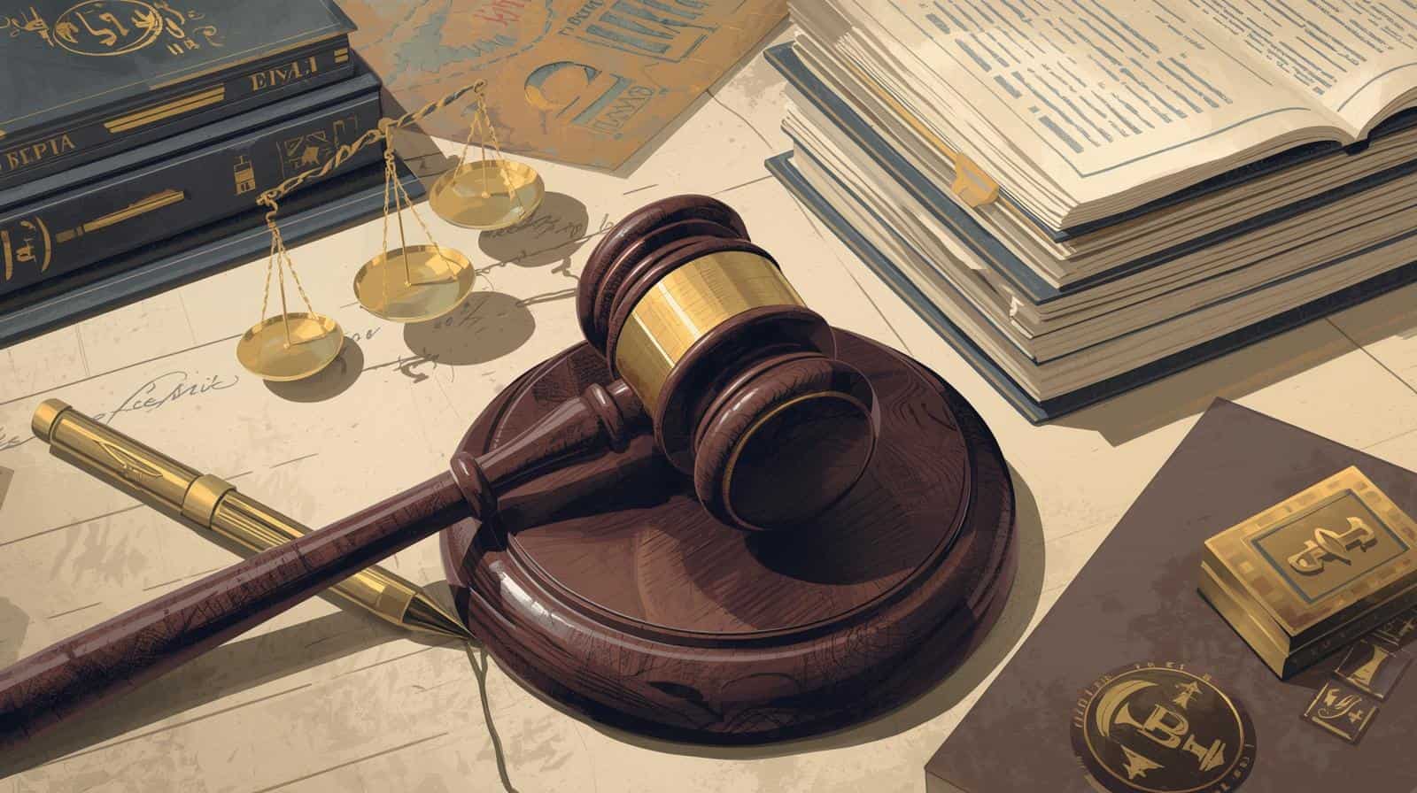 A close-up illustration of a judge’s gavel resting on a wooden desk beside stacks of legal books, golden scales of justice, and legal documents, symbolizing personal injury liability and the legal process involved in civil cases.