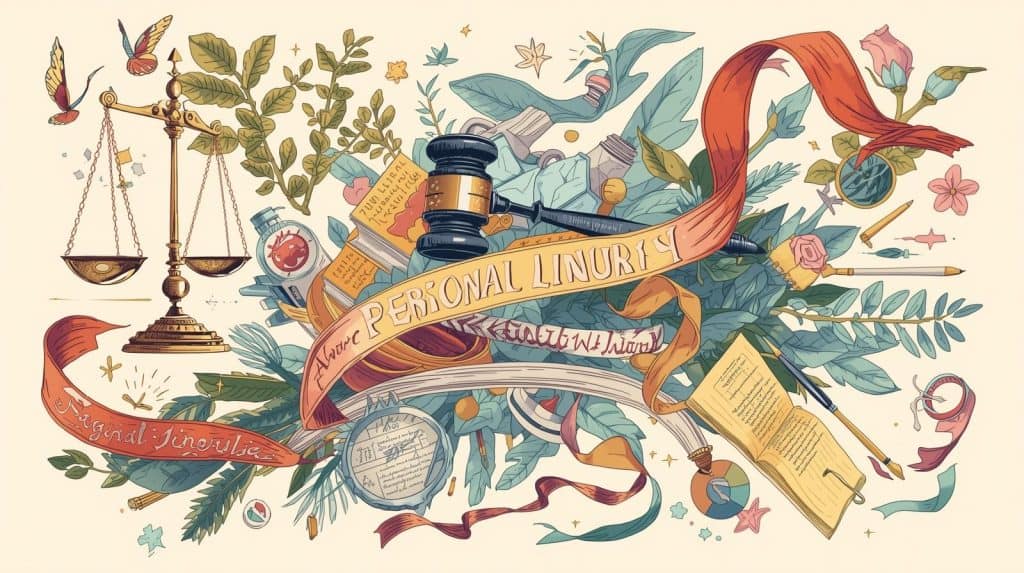 Creative illustration featuring a gavel, scales of justice, and legal books surrounded by decorative elements with a banner reading 'Personal Injury Liability,' symbolizing legal insights and recent case law trends.