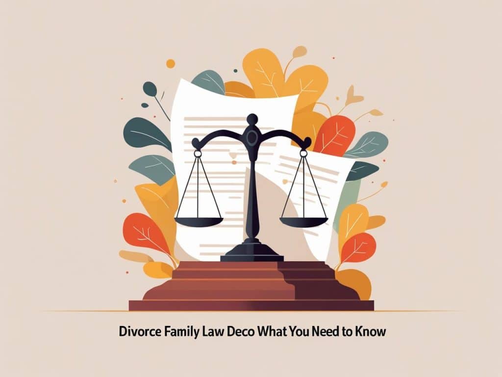 Scales of justice in front of legal documents and autumn leaves, representing divorce and family law principles.