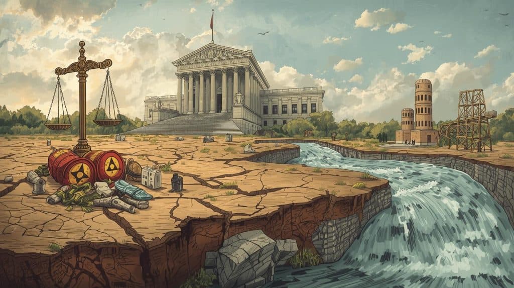 Scales of justice placed on cracked dry land beside barrels of toxic waste, symbolizing environmental damage and legal responsibility. A grand courthouse stands in the background with a flowing river nearby, representing legal accountability for toxic exposure and environmental harm.