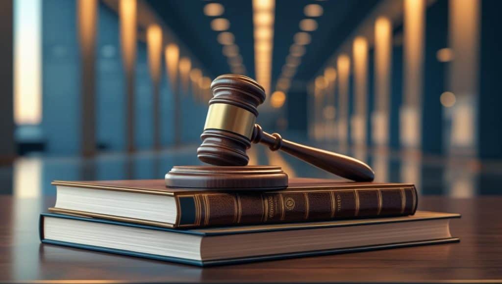 Judge’s gavel resting on law books in a courtroom hallway, symbolizing the academic and legal path tied to how many years of college to be a criminal lawyer.