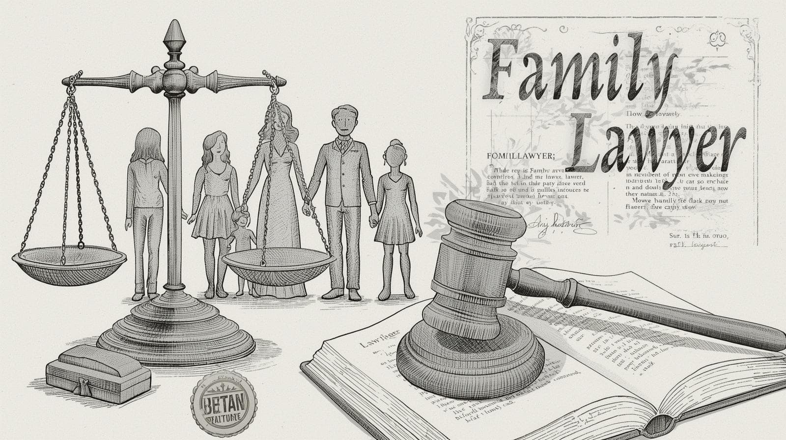 Illustration showing the role and importance of a family law attorney, featuring a balanced scale, gavel, and family figures symbolizing justice and legal guidance — what is family law attorney.