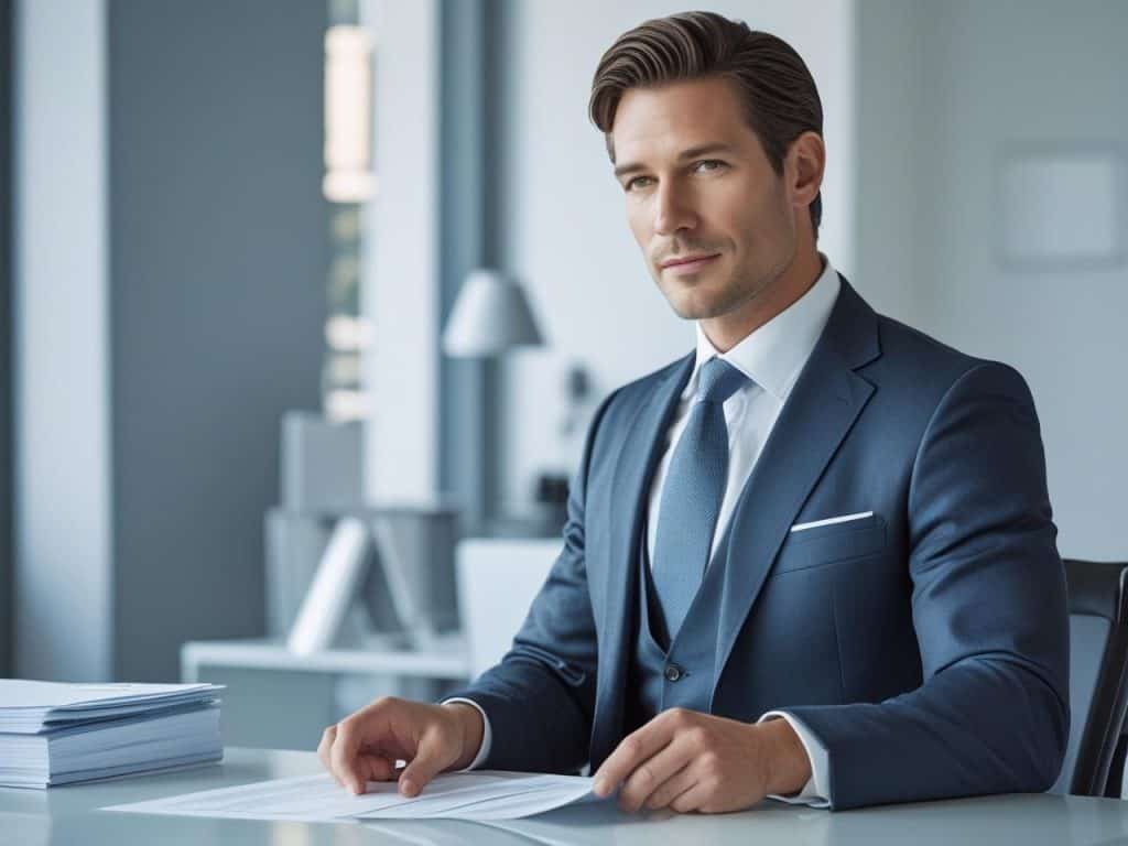 Professional man in a blue suit working at a desk, symbolizing the polished image and earning potential tied to a criminal lawyer salary.