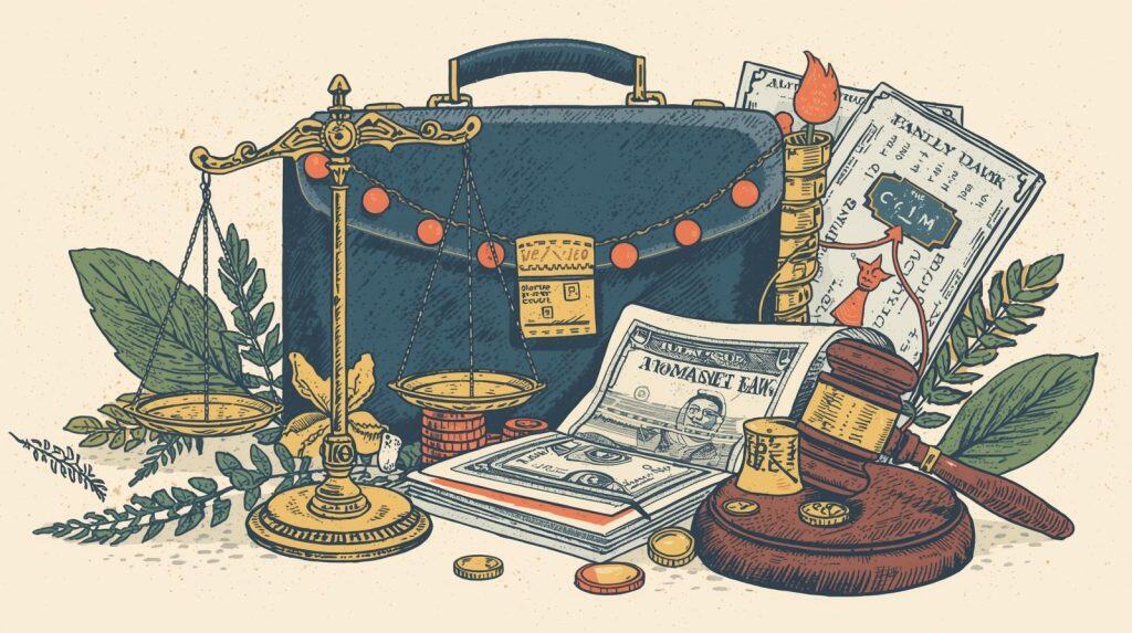 How Much Does a Family Lawyer Cost? 2 Illustration of legal and financial symbols including a gavel, scales of justice, money, and legal documents, representing billing transparency and trust accounting in relation to how much does a family lawyer cost.