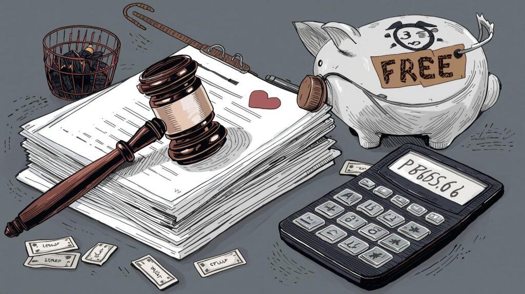 How Much Does a Family Lawyer Cost? 1 Illustration representing how much does a family lawyer cost, showing a judge’s gavel on legal documents, a piggy bank labeled “FREE,” and a calculator, symbolizing different family lawyer fee structures and affordability options.