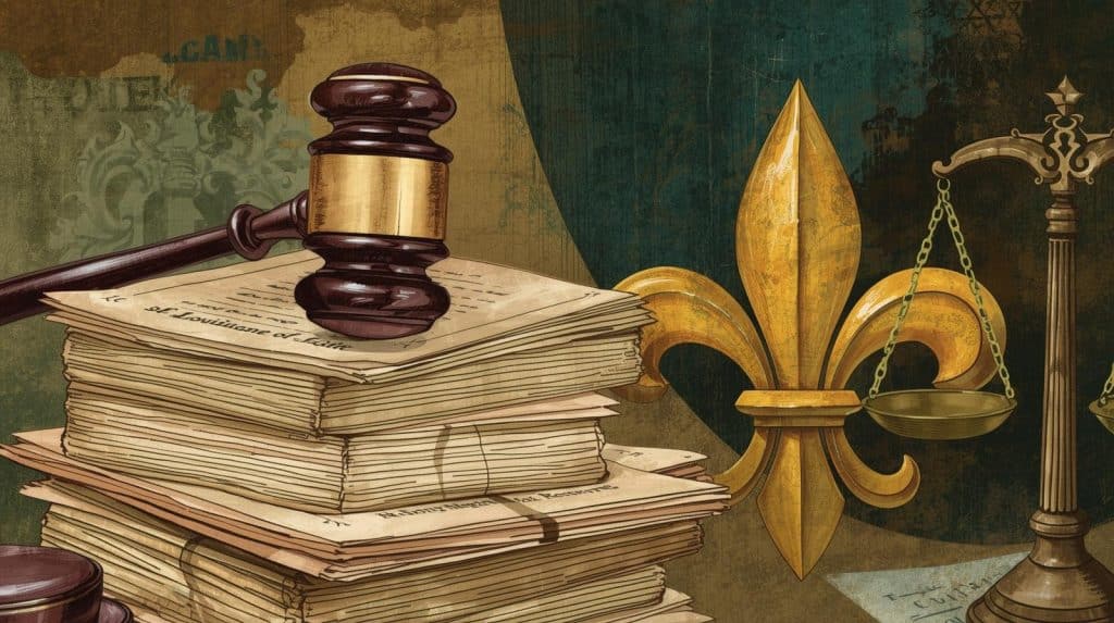 How to Do a Succession in Louisiana Without a Lawyer: Essential Tips for Success 1 Illustration of Louisiana succession process without a lawyer, featuring a gavel resting on stacks of legal documents, a golden fleur-de-lis, and scales of justice, symbolizing Louisiana law and inheritance procedures.