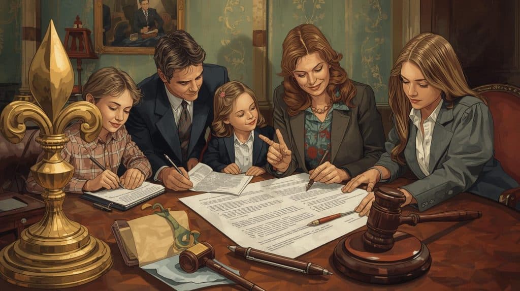 How to Do a Succession in Louisiana Without a Lawyer: Essential Tips for Success 2 Family reviewing legal documents together in Louisiana with gavel and fleur-de-lis symbol, symbolizing how to do a succession in Louisiana without a lawyer.
