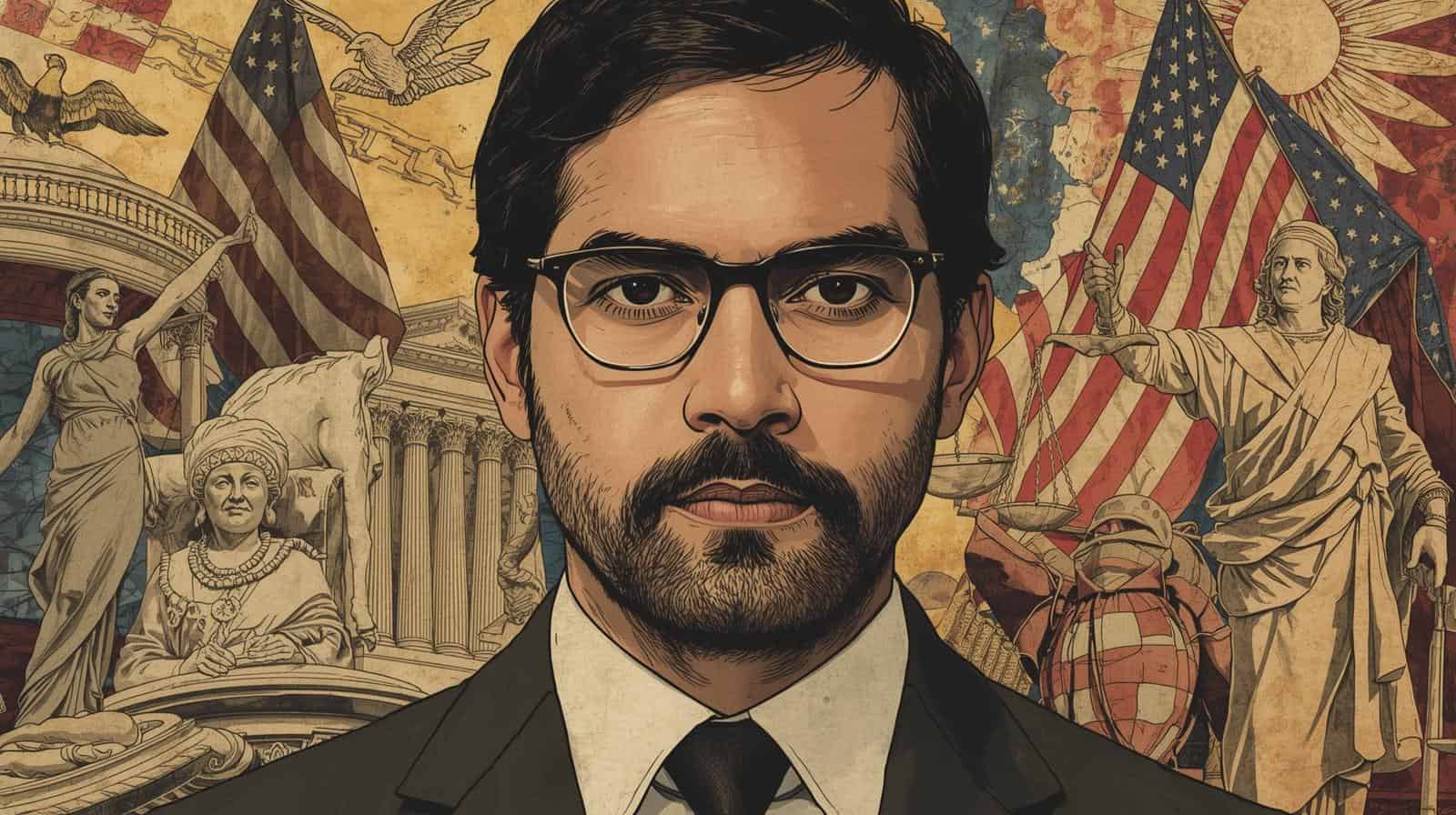 Portrait of a civil rights lawyer in front of U.S. flags, courthouse, and justice symbols, representing How Much Does a Civil Rights Lawyer Make and the value of their role in protecting human rights.