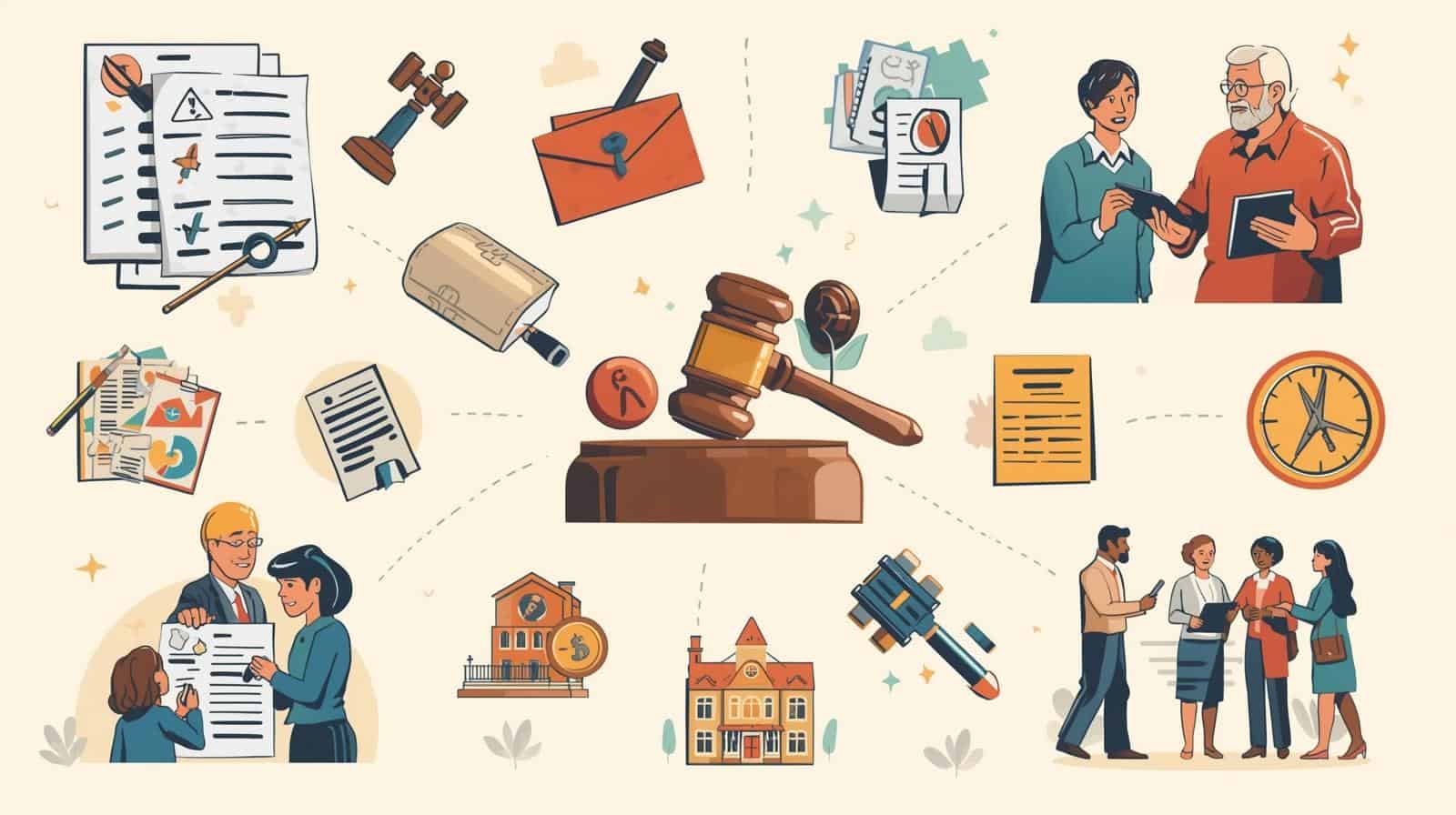 Illustration showing legal documents, gavels, and people consulting about inheritance matters, symbolizing the process of how to do a succession in Louisiana without a lawyer.