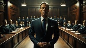 Home 7 Confident trial lawyer standing in a courtroom surrounded by legal professionals, symbolizing how to become a trial lawyer.