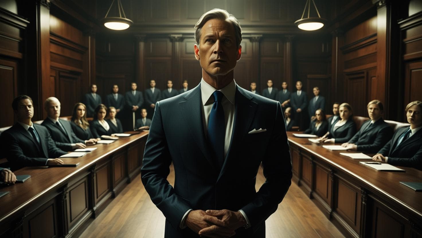 Confident trial lawyer standing in a courtroom surrounded by legal professionals, symbolizing how to become a trial lawyer.