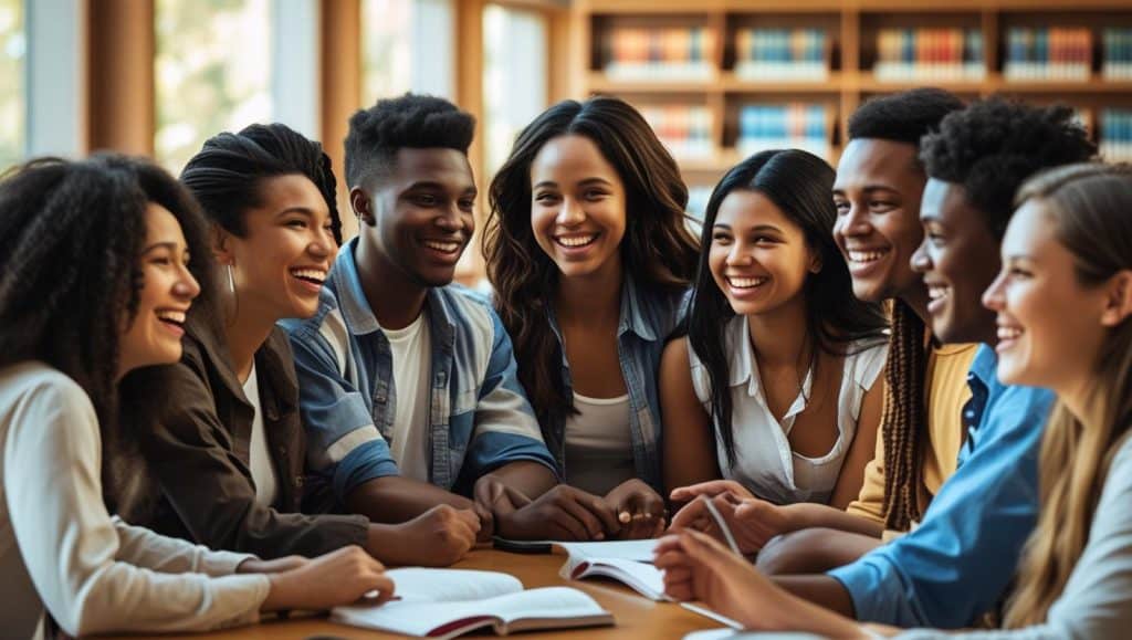 Group of diverse students studying together in a library, representing what should you major in to become a lawyer.