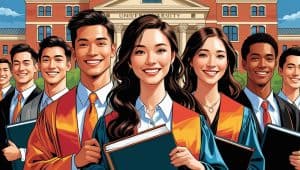 Home 3 Group of smiling university students in graduation gowns holding books outside a law school, representing the majors you can choose to become a lawyer.