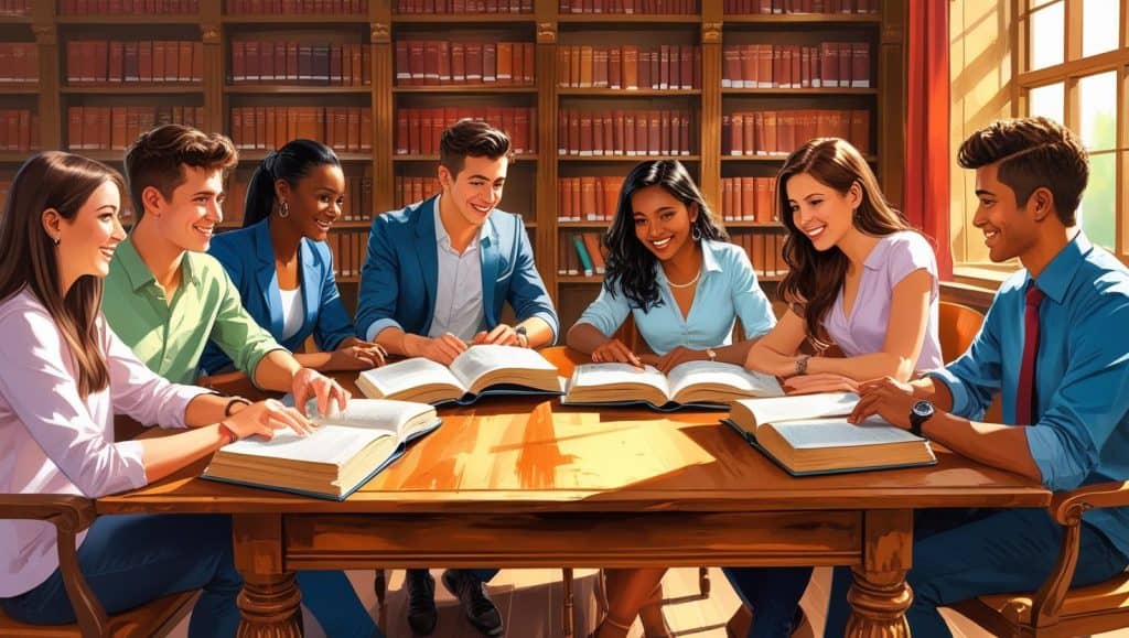 Group of diverse college students studying law books together in a library, representing what should you major in to become a lawyer.