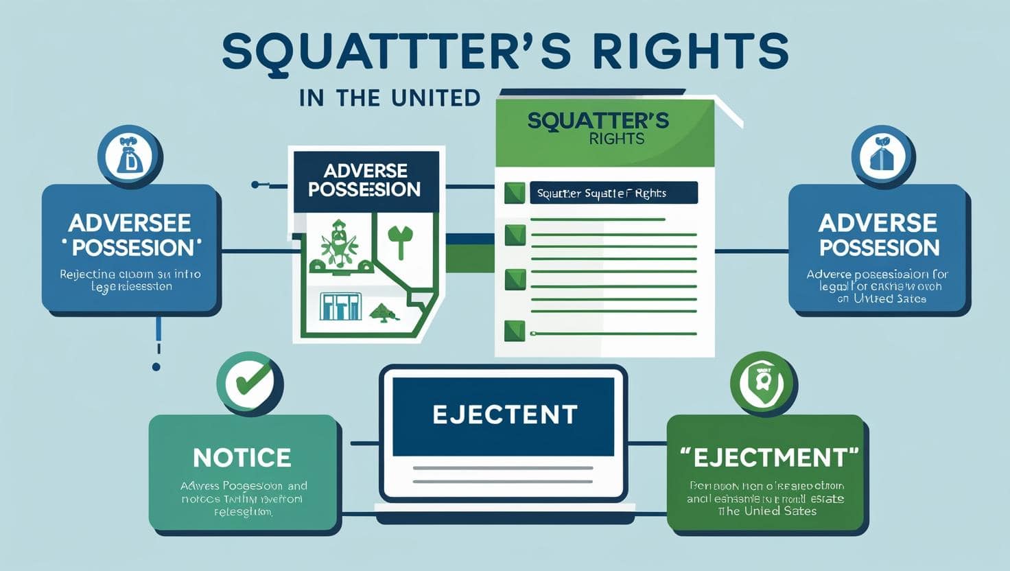 Infographic explaining what is squatters law in the United States, covering adverse possession, notice, and ejectment rights for property owners and tenants.