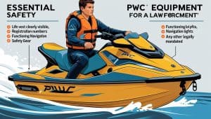 Home 4 Illustration of a man operating a yellow PWC wearing a visible life vest, with registration numbers, navigation lights, and safety gear highlighted as equipment law enforcement requires to be visible.